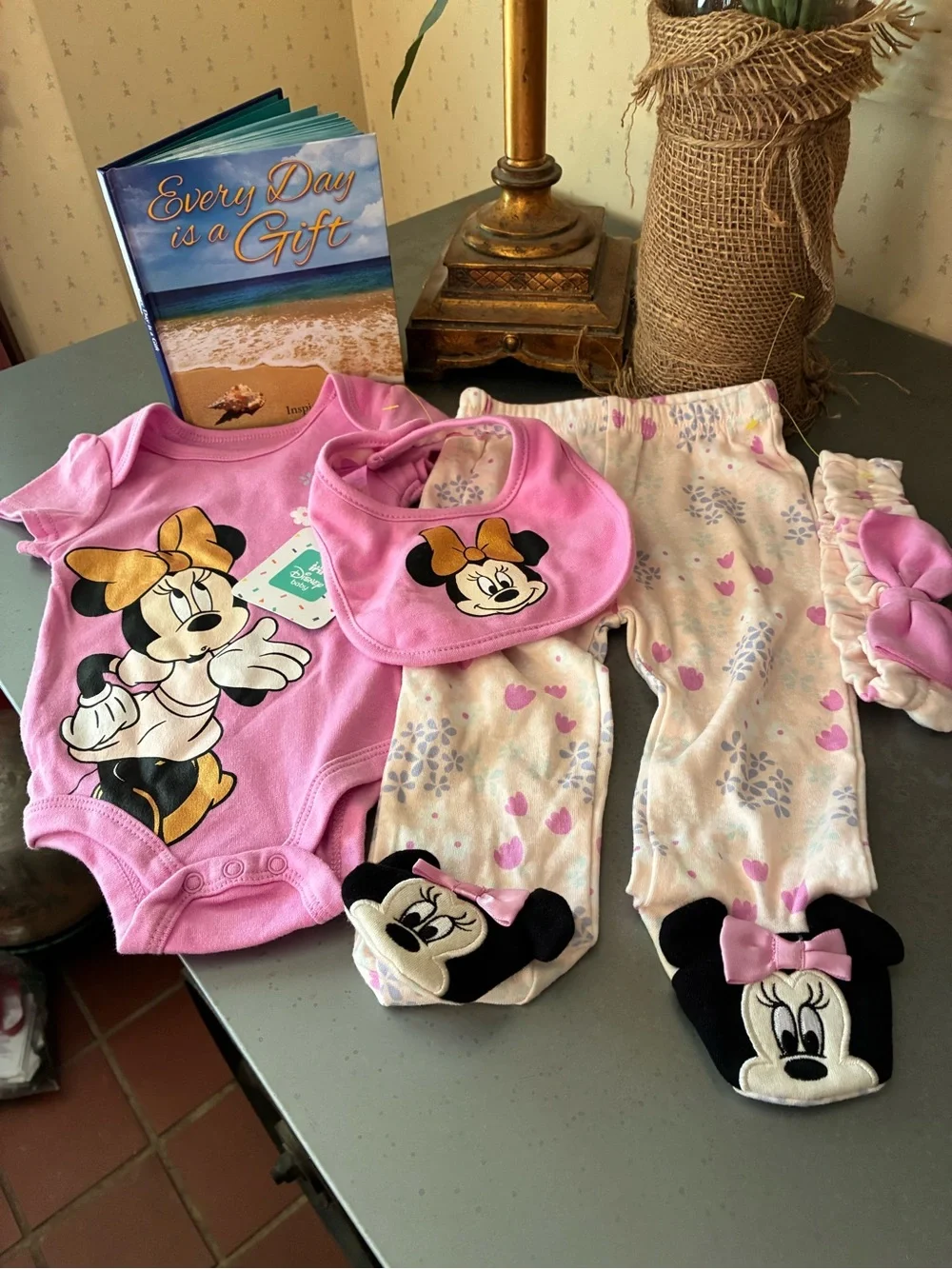 Disney NEW WITH TAGS Baby Minnie Mouse bodysuit, matching footed pants, headband